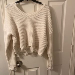 Drop Shoulder Distressed Trim Sweater